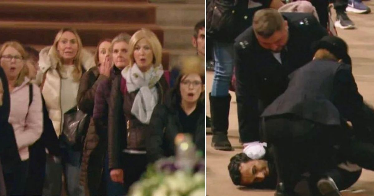 Chaos Erupts as Man Charges Queen's Casket – Dragged Out of Room by Police