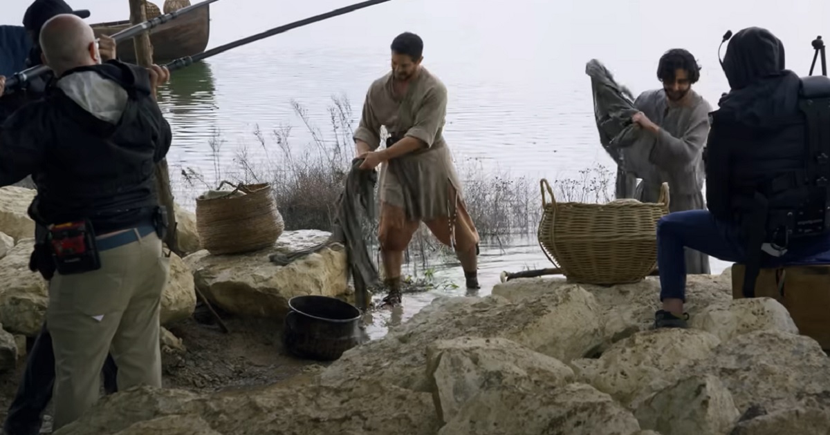 A still from a promotional video shows the shooting of a scene for "The Chosen," a series about the historical life of Jesus.