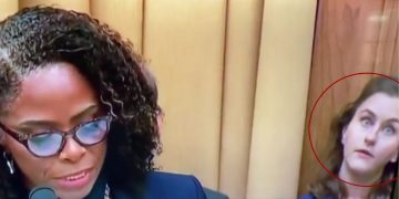 During her speech in the House Judiciary Subcommittee Hearing on Censorship and Free Speech last week, Democratic Del. Stacey Plaskett of the Virginia Islands, left, was corrected mid-speech by her aide, right, who was exhibiting bizarre behavior throughout the process.