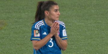 Benedetta Orsi, a soccer player for Italy's women's national team, looks on in shock after an errant pass to her goalie resulted in an own goal against South Africa in the Women's World Cup on Wednesday.