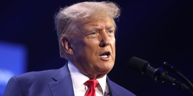 Former President Donald Trump speaks at the Turning Point Action Conference at the Palm Beach County Convention Center in West Palm Beach, Florida, on July 15.