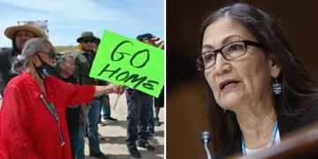 Navajo landowners protest against the Biden administration at Chaco Culture National Historical Park on June 11. Interior Secretary Deb Haaland testifies during a Senate hearing on May 2 in Washington, D.C.