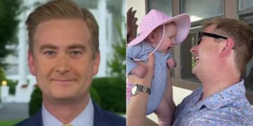 On Monday, Peter Doocy, left, returned to Fox News after an extended absence, explaining he was spending time with his new baby daughter, right.