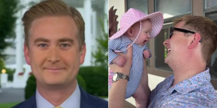 On Monday, Peter Doocy, left, returned to Fox News after an extended absence, explaining he was spending time with his new baby daughter, right.