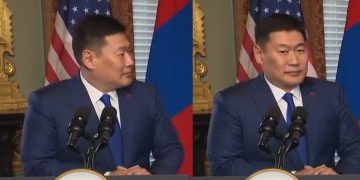 In this Twitter screen shot, Mongolian Prime Minister Luvsannamsrain Oyun-Erdene seen speaking with U.S. Vice President Kamala Harris.