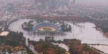 In a tweet from Monday morning, a user shared aerial footage of Dodger Stadium surrounded by flooding. Southern California was recently hit with Hilary, a tropical storm.