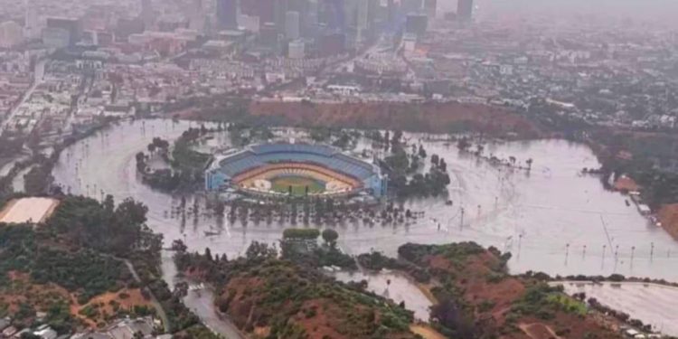 In a tweet from Monday morning, a user shared aerial footage of Dodger Stadium surrounded by flooding. Southern California was recently hit with Hilary, a tropical storm.