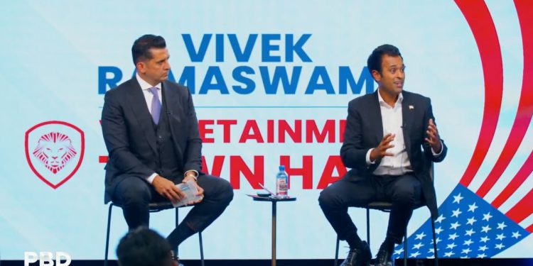 GOP presidential candidate Vivek Ramaswamy speaks during a town hall.