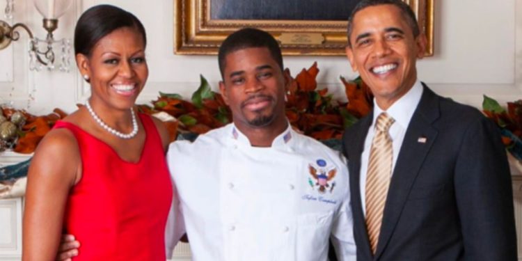 This Twitter screen shot shows former President Barack Obama, former first lady Michelle Obama, and chef Tafari Campbell.
