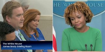 Fox News White House correspondent Peter Doocy, left; White House press secretary Karine Jean Pierre, right.