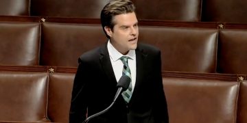 Rep. Matt Gaetz speaks on the floor of the House of Representative on Tuesday, discussing the national debt.