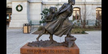 Wesley Wofford's statue honoring Harriet Tubman, "The Journey to Freedom," is displayed in Philadelphia in January 2022.