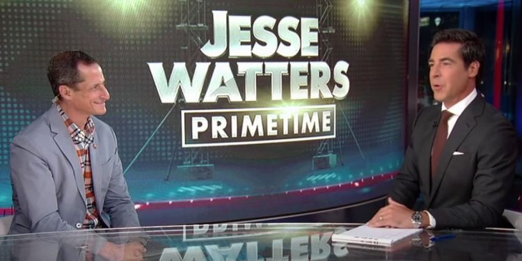 Former Rep. Anthony Weiner appeared on Tuesday's episode of "Jess Watters Primetime." Weiner, left, and host Jesse Watters went back and forth on several issues, including crime in New York City.