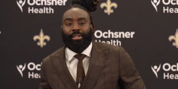 New Orleans Saints linebacker Demario Davis speaks in a post game press conference.