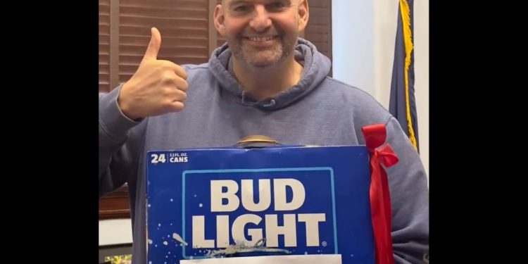 This Twitter screen shot Sen. John Fetterman with a case Bud Light.