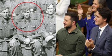 Left: Yaroslav Hunka in a World War II-era photo; right, Ukraine President Volodomyr Zelenskyy and Canadian Prime Minister Justin Trudeau.