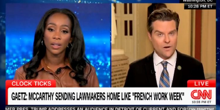 U.S. Rep. Matt Gaetz, right, is interviewed by CNN's Abby Phillip Friday on "CNN Primetime."