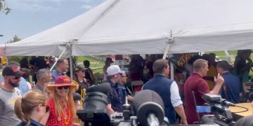 This Twitter screen shot shows Ron DeSantis attending the Iowa-Iowa St. football game on Sept. 9, 2023.