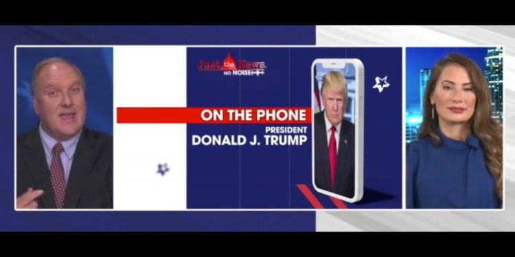 This Rumble screen shot shows an interview with former President Donald Trump on Real America's Voice.