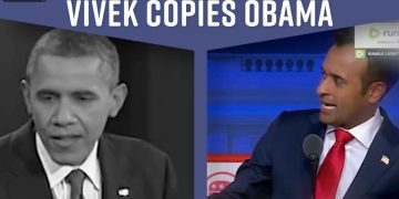 Republican presidential candidate Vivek Ramaswamy, right, has been copying lines from former President Barack Obama, left.