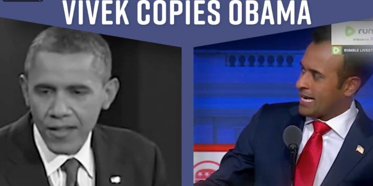 Republican presidential candidate Vivek Ramaswamy, right, has been copying lines from former President Barack Obama, left.