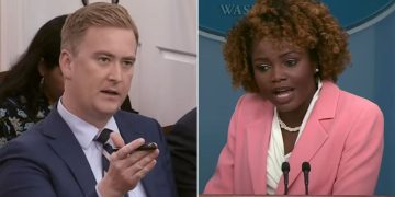 Fox News' Peter Doocy, left, and White House press secretary Karine Jean-Pierre, right, exchange words on Monday.