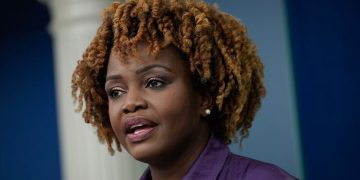 White House press secretary Karine Jean-Pierre speaks during the daily press briefing at the White House in Washington, D.C., on Thursday. During the daily briefing on Wednesday, Jean-Pierre exchanged words with New York Post reporter Steven Nelson.