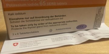 This pill box arrived in the mail to every home in Switzerland. The accompanying letter tells citizens "Iodine tablets, to be taken at the request of the authorities in the event of radioactive fallout."