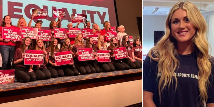 Former University of Kentucky swimmer Riley Gaines, right, joined the Roanoke College women's swim team in demanding the NCAA protect women's sports from men who want to compete against them.