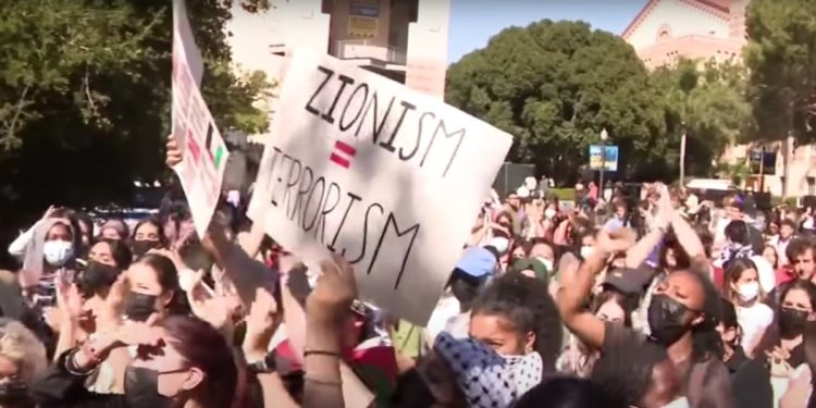 UCLA students demonstrate against Israel's retaliatory strikes in Gaza following last week's massacre of Israeli civilians and members of the military.