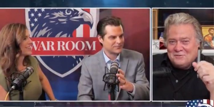 Reps. Nancy Mace and Matt Gaetz appear on Steve Bannon's podcast.