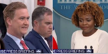 Fox News White House correspondent Peter Doocy, left; White House press secretary Karine Jean-Pierre, right.