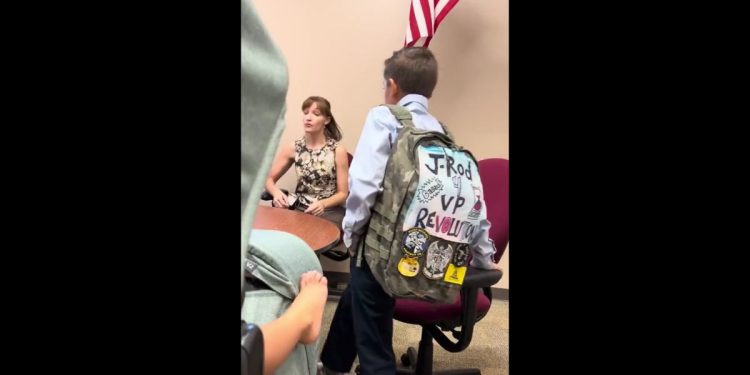 This Twitter screen shot shows Jaiden Rodriguez and his backpack, which had the Gadsen Flag on it.