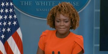 Press secretary Karine Jean-Pierre was interrupted by Wednesday's emergency test alert.