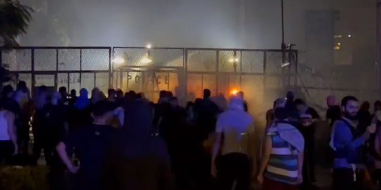 A mob gathers Tuesday night outside the U.S. Embassy in Beirut, Lebanon.