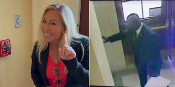 Rep. Marjorie Taylor Greene, left, shakes her finger near the fire alarm that was activated on Saturday, right, by Democratic Rep. Jamaal Bowman.