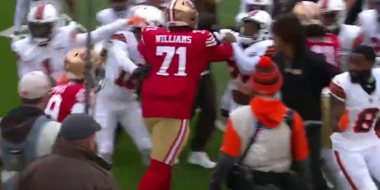 This Twitter screen shot shows a scuffle breaking out between the San Francisco 49ers and Cleveland Browns on Sunday.