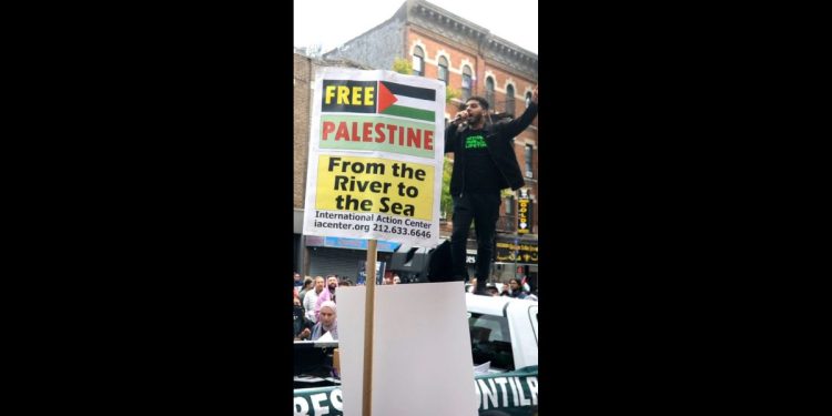 This Twitter screen shot shows a scene from a pro-Palestinian protest.