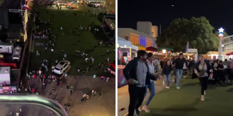 (L) A Twitter screen shot shows the evacuation of the State Fair of Texas after an alleged shooting. (R) A Twitter screen shot shows a different angle of the evacuation of the State Fair of Texas.