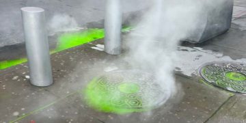 Green liguid is seen on a New York City sidewalk near the World Trade Center.