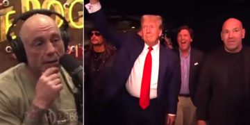 Podcaster Joe Rogan, left, marveled at the reception former President Donald Trump received when he entered with "the right-wing Avengers" -- Kid Rock, Tucker Carlson and UFC boss Dana White.