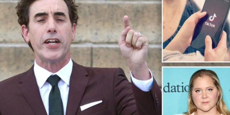 Actors Sacha Baron Cohen, left, and Amy Schumer, blasted the social media site TikTok for not doing enough to quell rampant anti-Semitism.