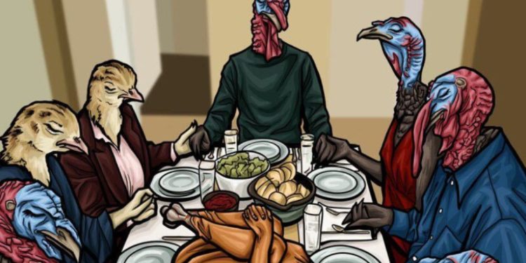 A PETA image on X this week was accompanied by these words: "We’re lucky turkeys would never do this to us—you don’t have to do it to them, either."