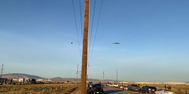 This Twitter screen shot shows the B-21 Raider in a test flight.