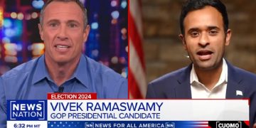Former CNN host Chris Cuomo, now with NewsNation, interviews Republican presidential contender Vivek Ramaswamy on Monday.