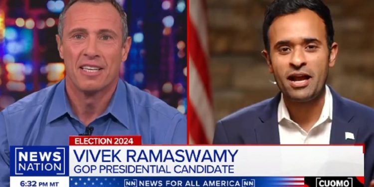 Former CNN host Chris Cuomo, now with NewsNation, interviews Republican presidential contender Vivek Ramaswamy on Monday.