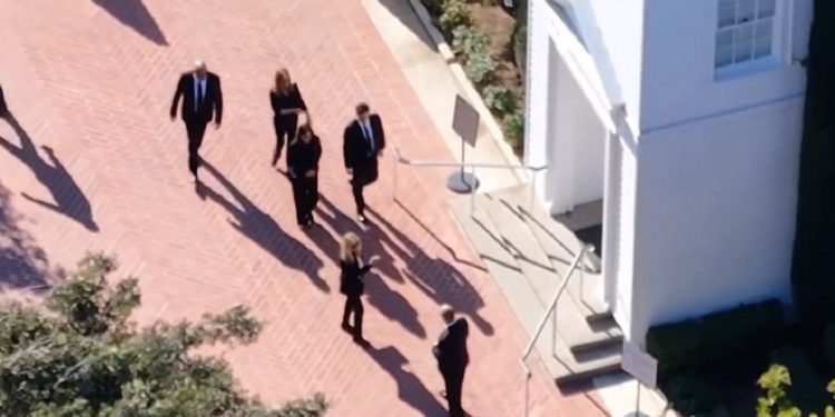 Surviving castmates of the long-running sitcom "Friends" are pictured from an aerial video attending the funeral for actor Matthew Perry on Friday at Forest Lawn Memorial Park in Los Angeles.