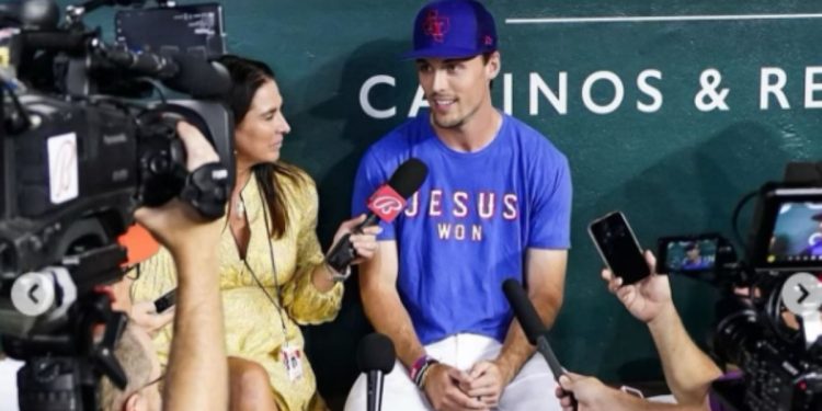 Texas Rangers left fielder Evan Carter is selling a T-shirt that says "Jesus Won."