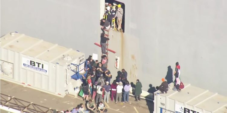 Watch: Pro-Palestinian Protesters Breach US Military Supply Ship They Think Is Heading for Israel