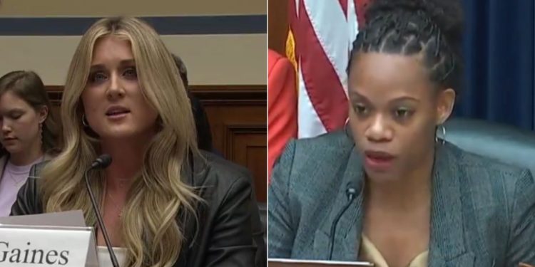 Former NCAA athlete Riley Gaines, left, testified in front of the House Oversight Committee on Health Care and Financial Services on Tuesday, and exchanged words with Rep. Summer Lee, right.